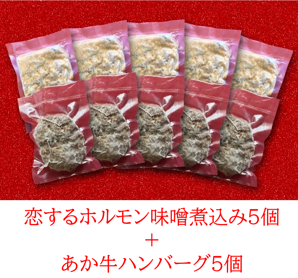 恋するホルモン味噌煮込み5個+あか牛ハンバーグ5個 セット