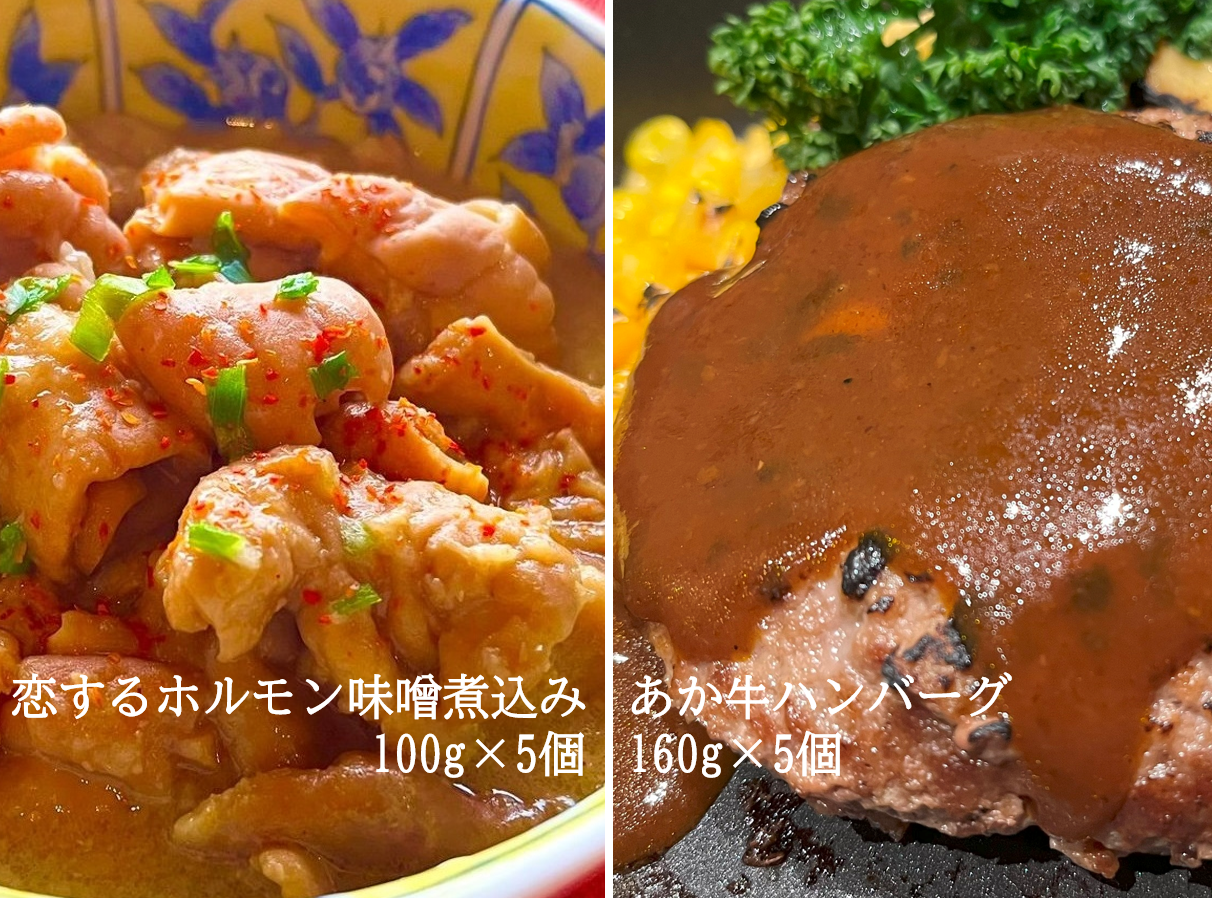 恋するホルモン味噌煮込み5個+あか牛ハンバーグ5個 セット